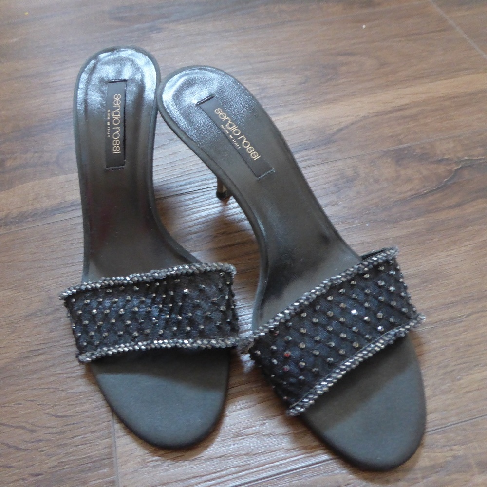 Sergio Rossi Black Beaded 3" Sandals Heel Sandals Slides Size 36.5